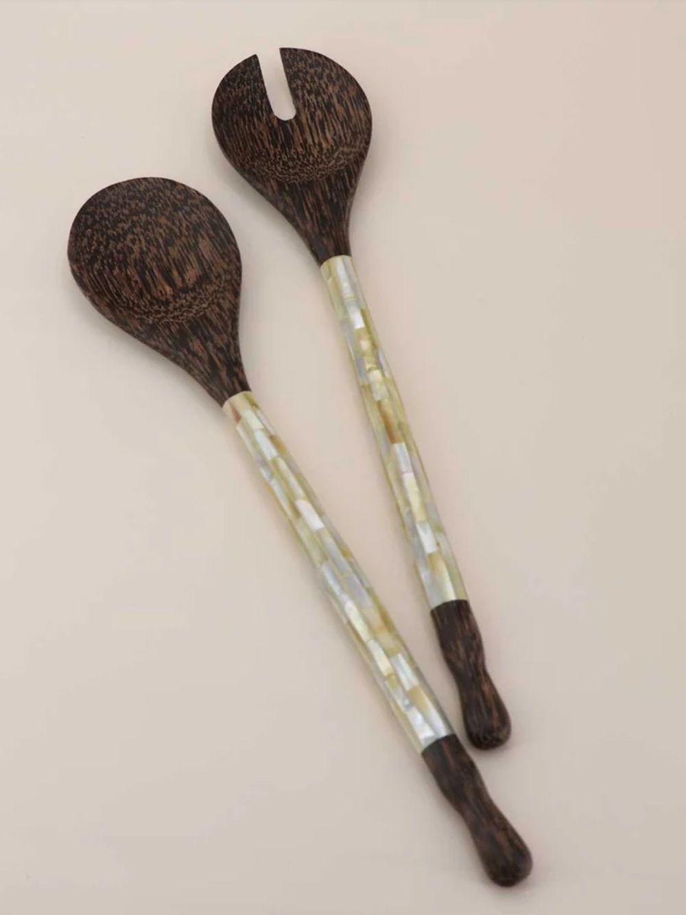 Mother-of-Pearl Inlaid Dark Wood Salad Servers - Brown